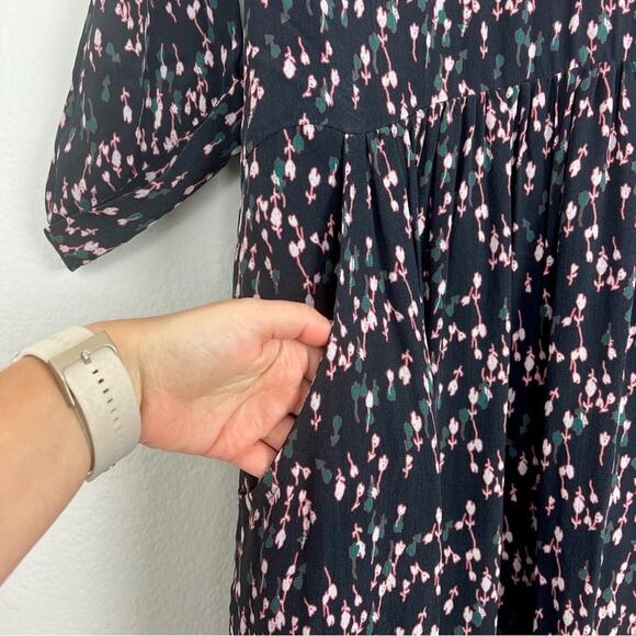 Garnet Hill | Boho Floral Navy Pink V Neck Drop Waist Midi Dress Modest 16 - Picture 3 of 9